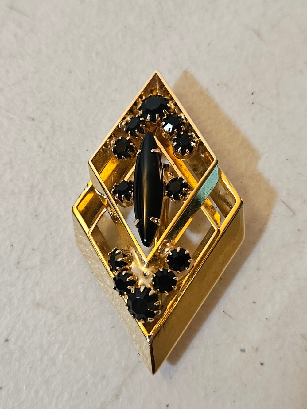 Vintage Black Rhinestone Geometric Gold Tone Brooch Art Deco Revival Pin